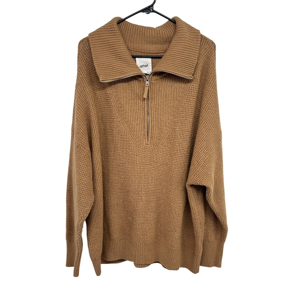 Aerie Oversized Quarter Zip Sweater L Camel Waffle‎ Knit Coastal Old Money